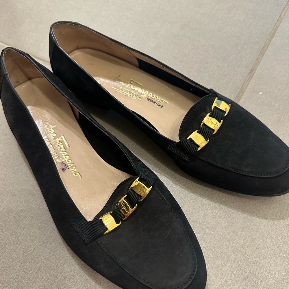 Salvatore Ferragamo Black Suede Gold Hardware Loafers